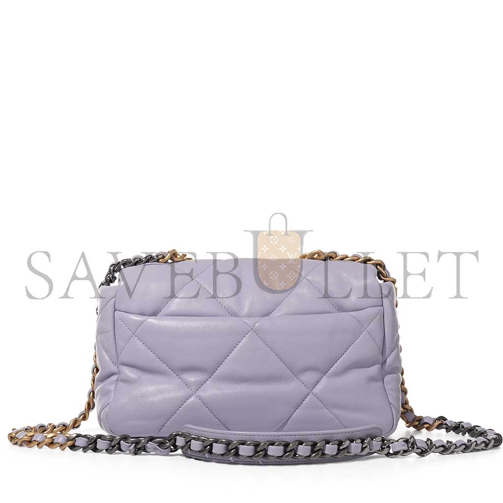 CHANEL PURPLE QUILTED LAMBSKIN CHANEL 19 FLAP BRUSHED GOLD AND RUTHENIUM HARDWARE AS1160 (26*16*9cm)